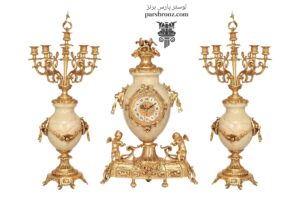 قیمت ساعت و شمعدان روی کنسول رومیزی آنتیک برنز برنزی
