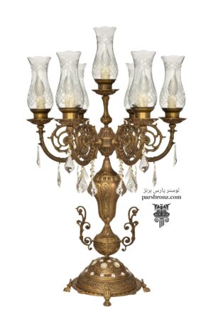 شمعدان لاله آنتیک رومیزی برنجی برنز کلاسیک آویز کریستال
