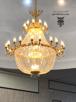 لوستر سلطنتی پذیرایی جدید طلایی برنز بزرگ بلند برنجی بهترین قیمت مسجدی لاکچری کریستالی برنزی